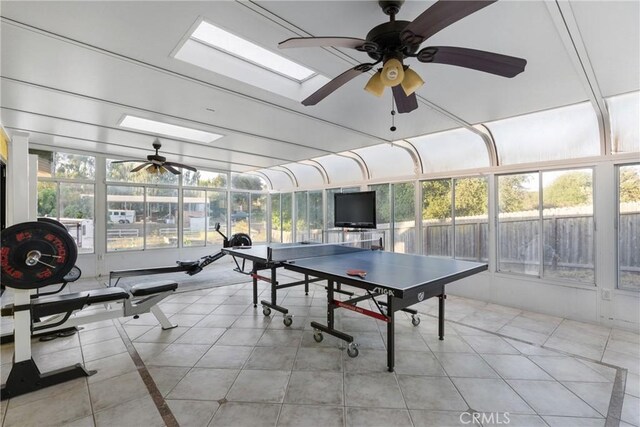 320 Casa Real Pl, Nipomo, CA 93444 - playroom featuring ceiling fan, a skylight, healthy amount of natural light, and tile patterned flooring