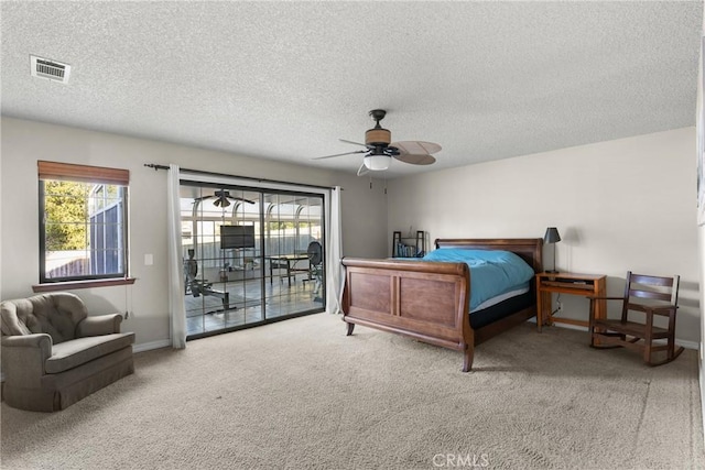 320 Casa Real Pl, Nipomo, CA 93444 - bedroom featuring access to outside, a textured ceiling, carpet flooring, and ceiling fan