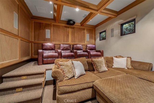 25492 Spotted Pony Ln, Laguna Hills, CA 92653 - cinema featuring coffered ceiling, beam ceiling, and a decorative wall