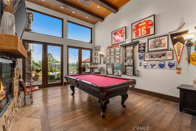 25492 Spotted Pony Ln, Laguna Hills, CA 92653 - rec room with a wood ceiling with exposed beams, french doors, hardwood / wood-style floors, billiards, and a high ceiling
