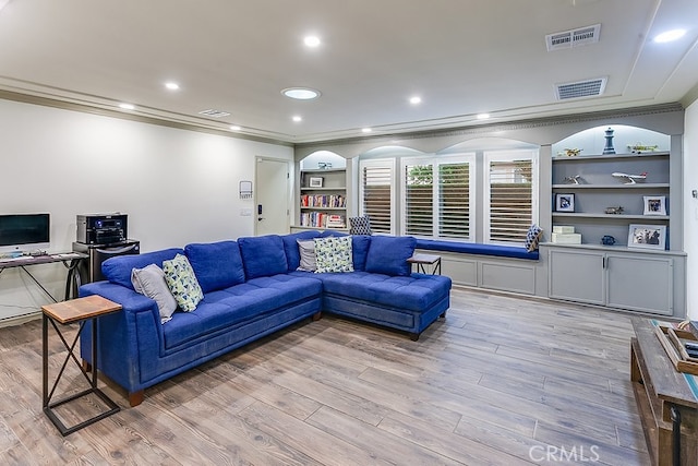 19520 Bermudas St, Porter Ranch, CA 91326 - living area featuring ornamental molding, light wood-style floors, and recessed lighting