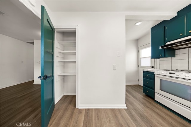 2871 Adriatic Ave, Long Beach, CA 90810 - kitchen with electric range, ventilation hood, wood finished floors, decorative backsplash, and recessed lighting