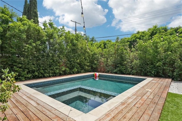 20042 Lassen St, Chatsworth, CA 91311 - view of swimming pool with a wooden deck and a pool with connected hot tub
