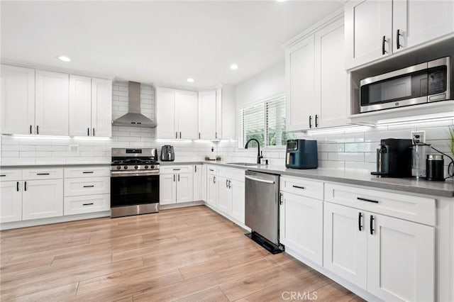 20042 Lassen St, Chatsworth, CA 91311 - kitchen with wall chimney exhaust hood, stainless steel appliances, white cabinets, decorative backsplash, and recessed lighting