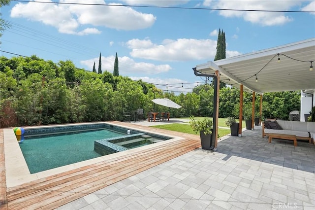 20042 Lassen St, Chatsworth, CA 91311 - view of pool with a patio area, an outdoor hangout area, a pool with connected hot tub, and outdoor dining space