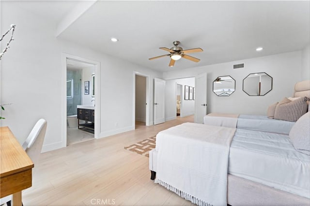 15 Glastonbury Pl, Laguna Niguel, CA 92677 - bedroom with recessed lighting, light wood finished floors, connected bathroom, and ceiling fan