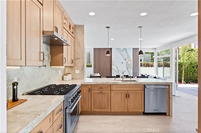 15 Glastonbury Pl, Laguna Niguel, CA 92677 - kitchen with appliances with stainless steel finishes, ventilation hood, a peninsula, hanging light fixtures, and recessed lighting