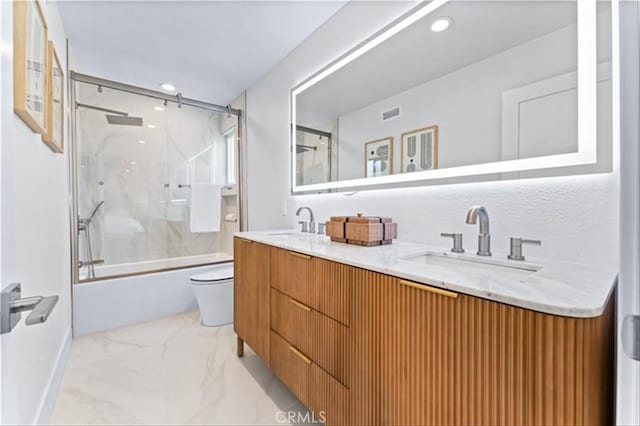 15 Glastonbury Pl, Laguna Niguel, CA 92677 - bathroom with enclosed tub / shower combo, marble finish floors, double vanity, and recessed lighting