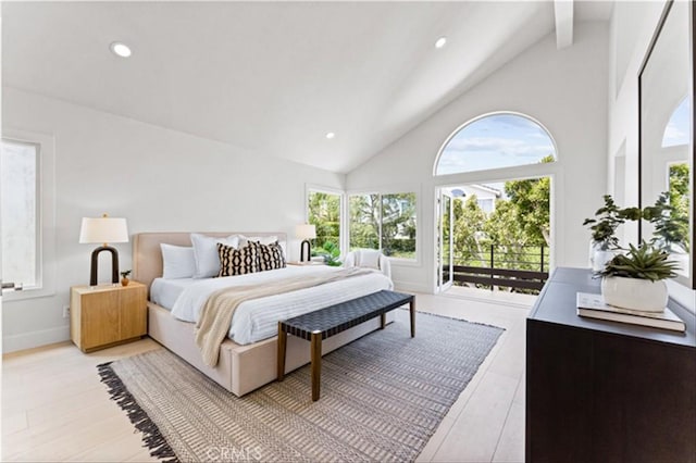 15 Glastonbury Pl, Laguna Niguel, CA 92677 - bedroom featuring multiple windows, beamed ceiling, access to outside, high vaulted ceiling, and recessed lighting