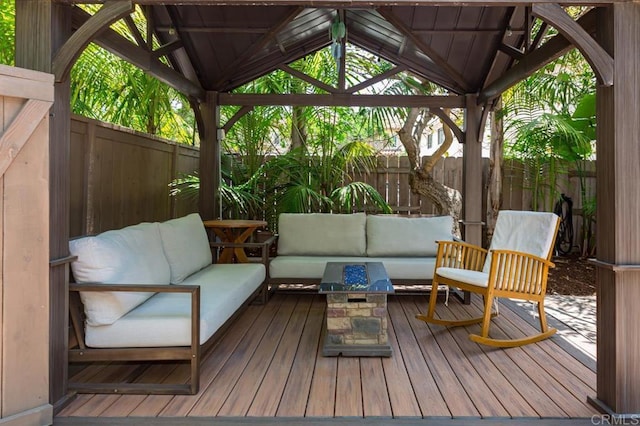 121 Cadmus St, Encinitas, CA 92024 - wooden terrace featuring a gazebo, an outdoor hangout area, and a fenced backyard