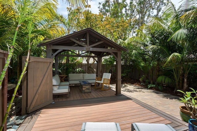 121 Cadmus St, Encinitas, CA 92024 - wooden deck featuring a gazebo, a fenced backyard, and an outdoor living space