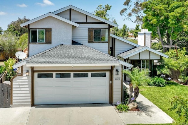 1675 Bronco Way, Oceanside, CA 92057 - view of front facade featuring a shingled roof, driveway, a front yard, and an attached garage