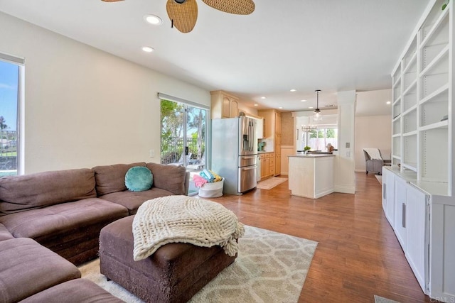 1675 Bronco Way, Oceanside, CA 92057 - living area with ceiling fan, light wood-type flooring, recessed lighting, and decorative columns