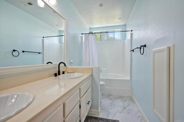 1675 Bronco Way, Oceanside, CA 92057 - bathroom featuring double vanity, marble look tiles, and shower / bath combo