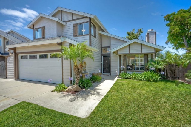 1675 Bronco Way, Oceanside, CA 92057 - view of front of home with concrete driveway, a front lawn, a chimney, and an attached garage