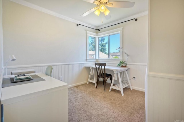 1675 Bronco Way, Oceanside, CA 92057 - office with wainscoting, light carpet, ceiling fan, and crown molding