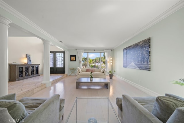 29603 Highpoint Rd, Rancho Palos Verdes, CA 90275 - living area featuring ornate columns, crown molding, and wood finished floors