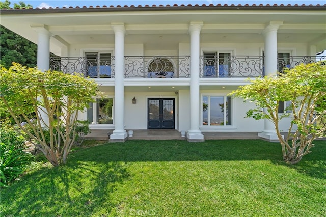 29603 Highpoint Rd, Rancho Palos Verdes, CA 90275 - rear view of property with french doors, a balcony, and a yard