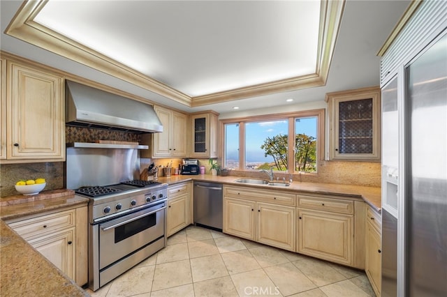 29603 Highpoint Rd, Rancho Palos Verdes, CA 90275 - kitchen featuring high end appliances, wall chimney exhaust hood, a raised ceiling, backsplash, and light tile patterned flooring