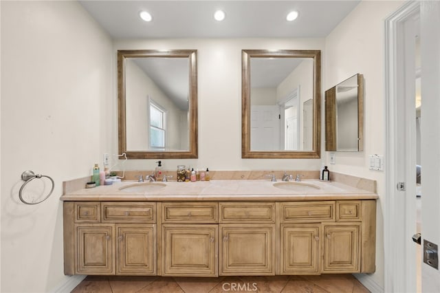29603 Highpoint Rd, Rancho Palos Verdes, CA 90275 - full bath featuring double vanity, tile patterned floors, and recessed lighting