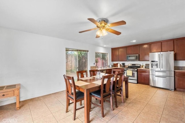 2271 Stanford St, San Bernardino, CA 92407 - dining space with a ceiling fan, light tile patterned floors, and recessed lighting