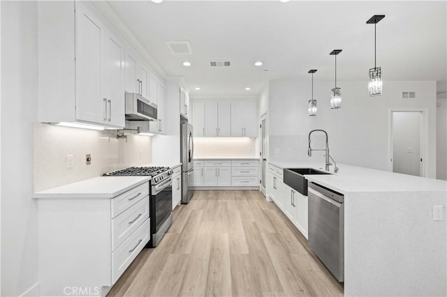 3838 Balmont St, Lancaster, CA 93536 - kitchen featuring appliances with stainless steel finishes, light wood-style floors, white cabinetry, a peninsula, and light countertops