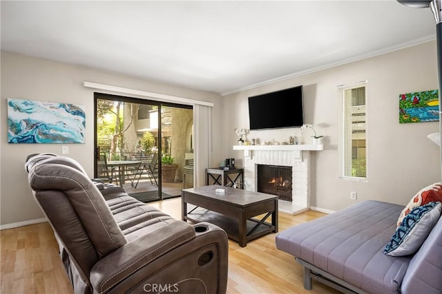 400 Brighton Spgs, Costa Mesa, CA 92627 - living area with light wood finished floors, a fireplace, and crown molding