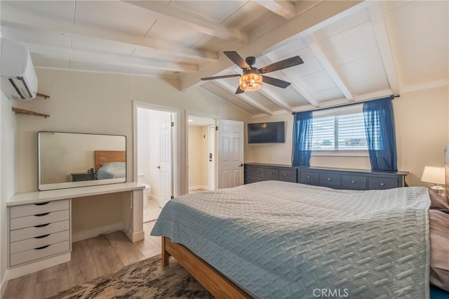 1925 W Beacon Ave, Anaheim, CA 92804 - bedroom featuring light wood-style floors, a wall mounted air conditioner, ensuite bath, and a ceiling fan