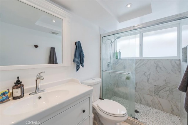 1925 W Beacon Ave, Anaheim, CA 92804 - bathroom featuring a marble finish shower, vanity, and recessed lighting