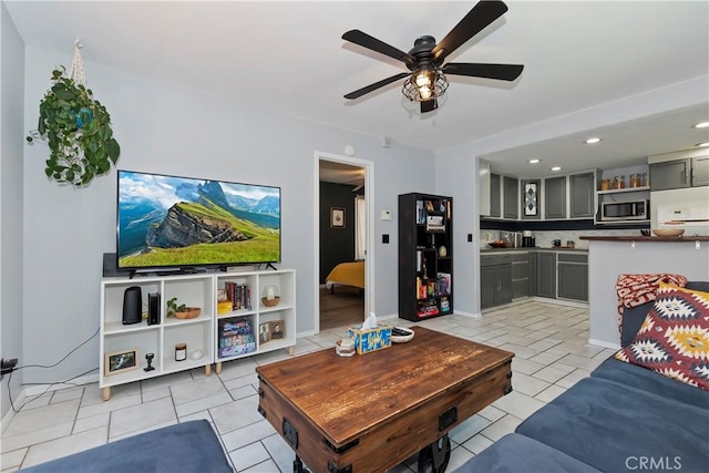 22989 Pine Ln, Crestline, CA 92325 - living area with light tile patterned floors, ceiling fan, and recessed lighting