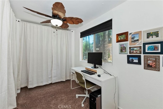 22989 Pine Ln, Crestline, CA 92325 - home office with dark carpet and ceiling fan