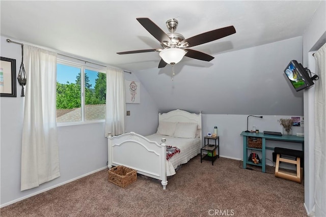 22989 Pine Ln, Crestline, CA 92325 - bedroom featuring carpet floors, lofted ceiling, and ceiling fan