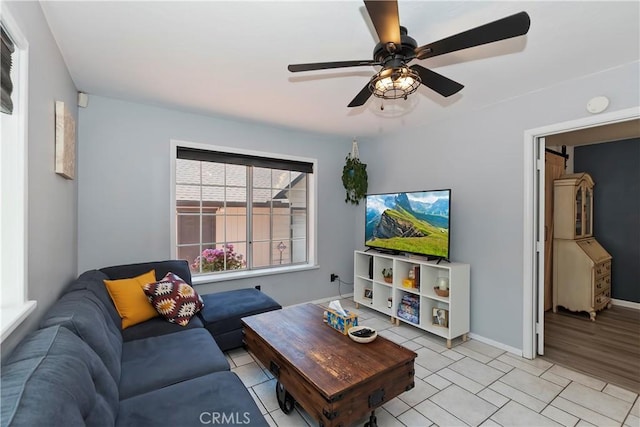 22989 Pine Ln, Crestline, CA 92325 - living room with a ceiling fan and light tile patterned floors