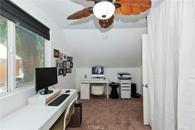 22989 Pine Ln, Crestline, CA 92325 - office space featuring dark colored carpet, lofted ceiling, and ceiling fan