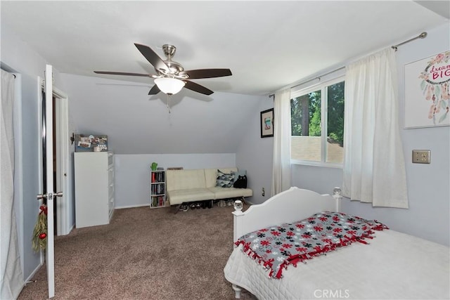 22989 Pine Ln, Crestline, CA 92325 - carpeted bedroom featuring lofted ceiling and a ceiling fan
