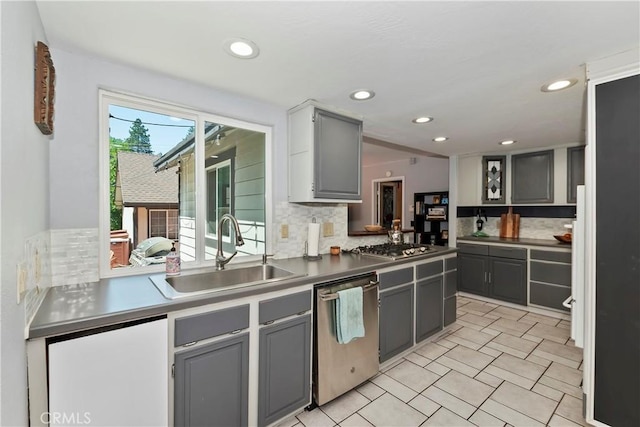 22989 Pine Ln, Crestline, CA 92325 - kitchen with appliances with stainless steel finishes, gray cabinets, decorative backsplash, and recessed lighting