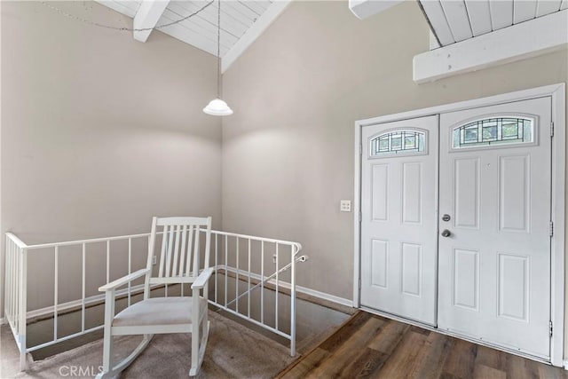 29289 Lake View Dr, Cedar Glen, CA 92321 - foyer entrance featuring beamed ceiling, wood finished floors, and high vaulted ceiling