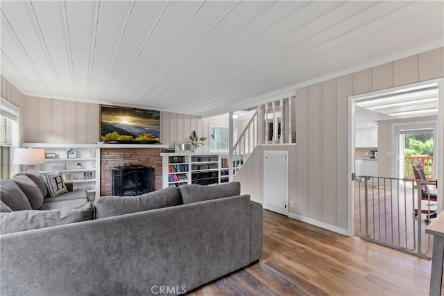 29289 Lake View Dr, Cedar Glen, CA 92321 - living area featuring wood finished floors, a fireplace, stairway, and wood ceiling