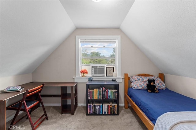 29289 Lake View Dr, Cedar Glen, CA 92321 - bedroom with vaulted ceiling, carpet floors, cooling unit, and a textured ceiling