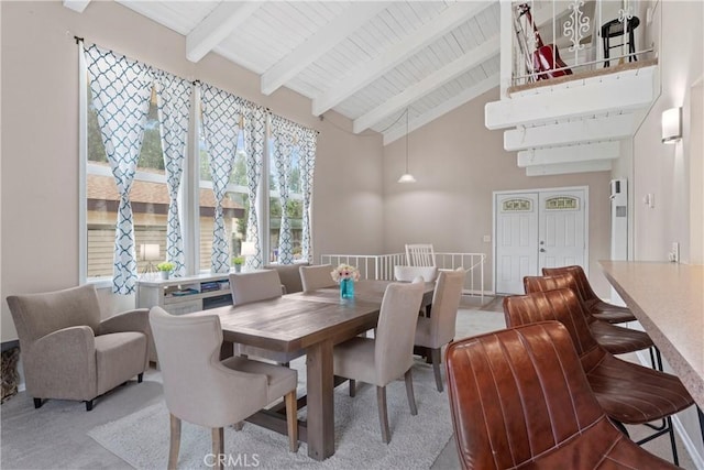 29289 Lake View Dr, Cedar Glen, CA 92321 - dining space with a wood ceiling with exposed beams, high vaulted ceiling, and carpet