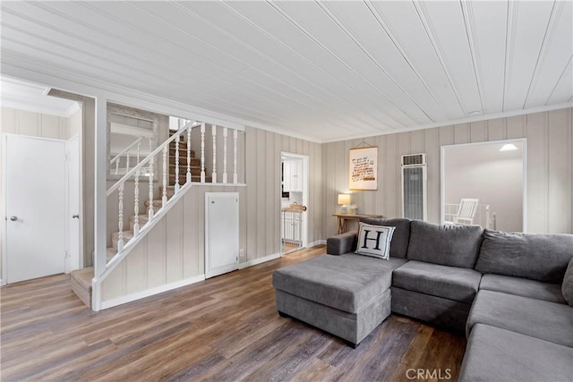 29289 Lake View Dr, Cedar Glen, CA 92321 - living area with crown molding, wood finished floors, stairway, and a heating unit