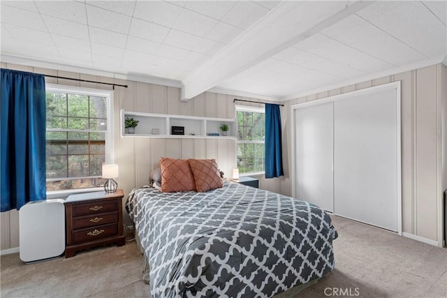 29289 Lake View Dr, Cedar Glen, CA 92321 - carpeted bedroom featuring beamed ceiling, multiple windows, and a closet