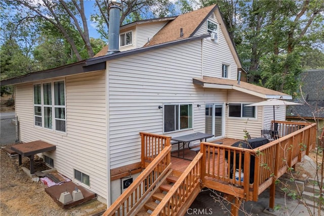 29289 Lake View Dr, Cedar Glen, CA 92321 - rear view of house with a wooden deck, roof with shingles, and stairway