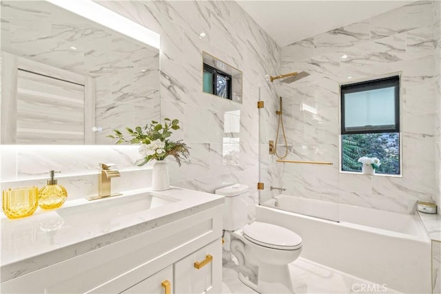 2315 Loma Vista Pl, Los Angeles, CA 90039 - full bathroom featuring vanity, marble finish floors, shower / tub combination, and tile walls