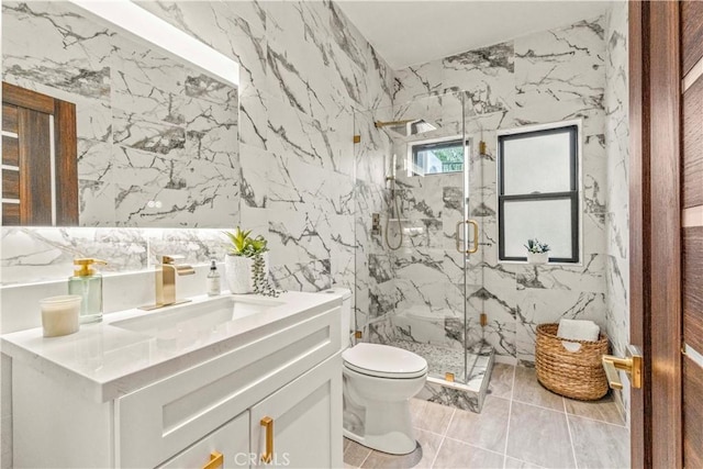 2315 Loma Vista Pl, Los Angeles, CA 90039 - full bath with stone wall, a marble finish shower, vanity, and tile walls