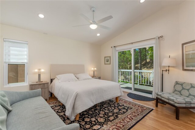 15535 Mallory Ct, Moorpark, CA 93021 - bedroom featuring access to exterior, lofted ceiling, light wood finished floors, recessed lighting, and a ceiling fan