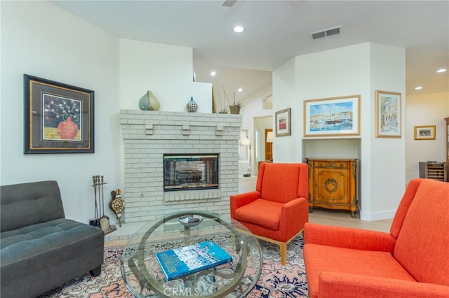 15535 Mallory Ct, Moorpark, CA 93021 - living room with a brick fireplace, recessed lighting, wood finished floors, and lofted ceiling