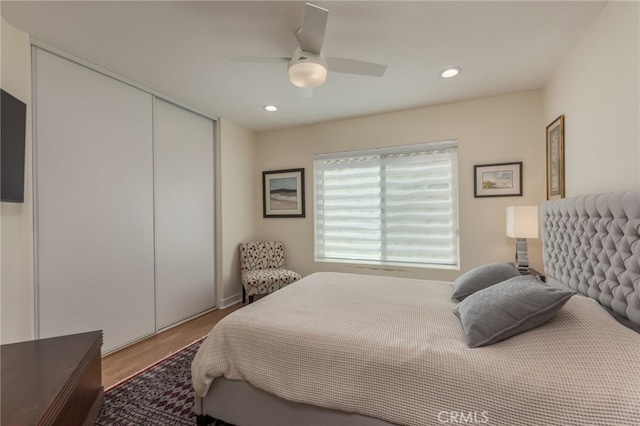 15535 Mallory Ct, Moorpark, CA 93021 - bedroom with wood finished floors, a closet, recessed lighting, and a ceiling fan
