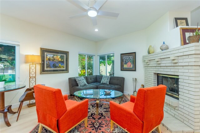 15535 Mallory Ct, Moorpark, CA 93021 - living area featuring a ceiling fan, a brick fireplace, wood finished floors, and recessed lighting