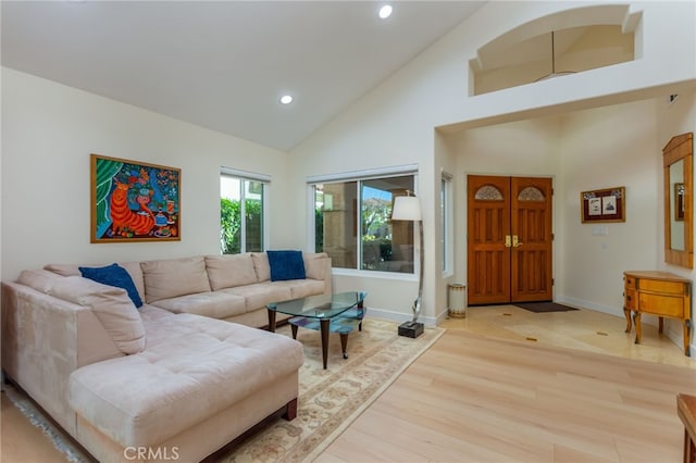 15535 Mallory Ct, Moorpark, CA 93021 - living area featuring recessed lighting, high vaulted ceiling, and light wood finished floors